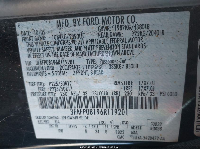 2006 Ford Fusion Sel VIN: 3FAFP08196R119201 Lot: 43351903