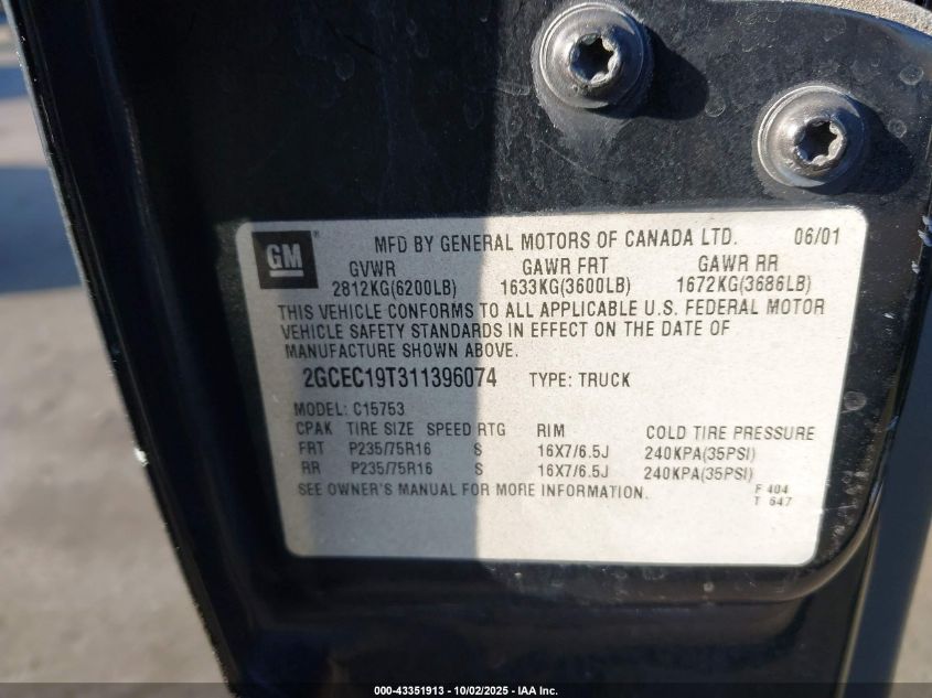 2001 Chevrolet Silverado 1500 Ls VIN: 2GCEC19T311396074 Lot: 43351913