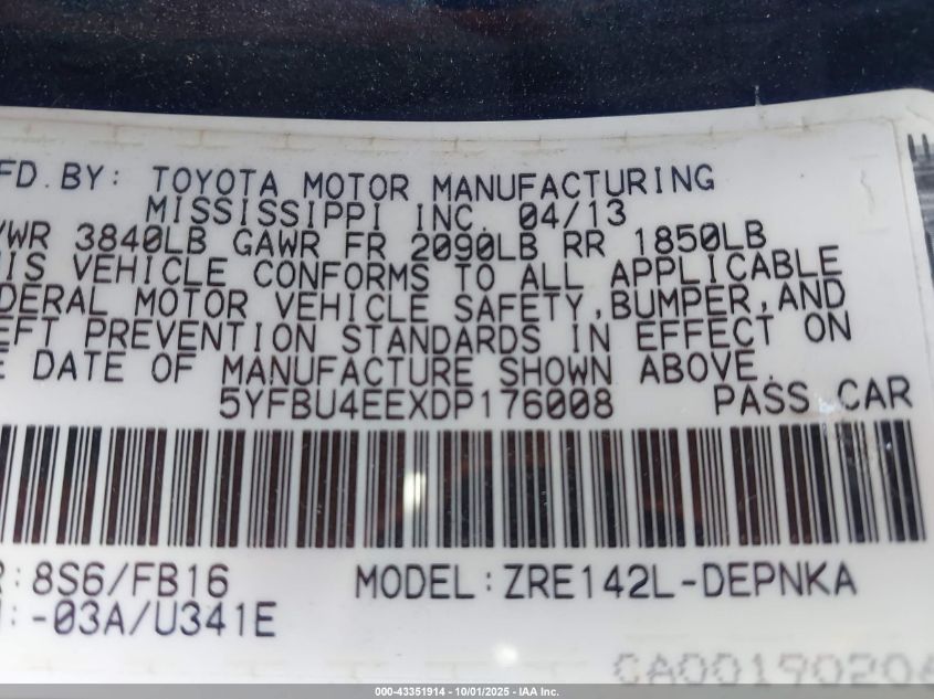 2013 Toyota Corolla Le VIN: 5YFBU4EEXDP176008 Lot: 43351914