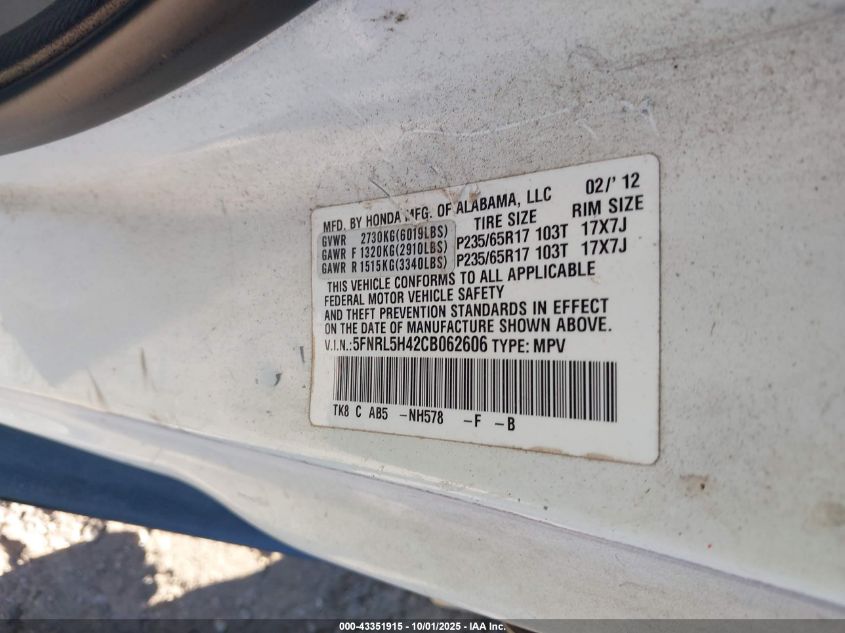 2012 Honda Odyssey Ex VIN: 5FNRL5H42CB062606 Lot: 43351915