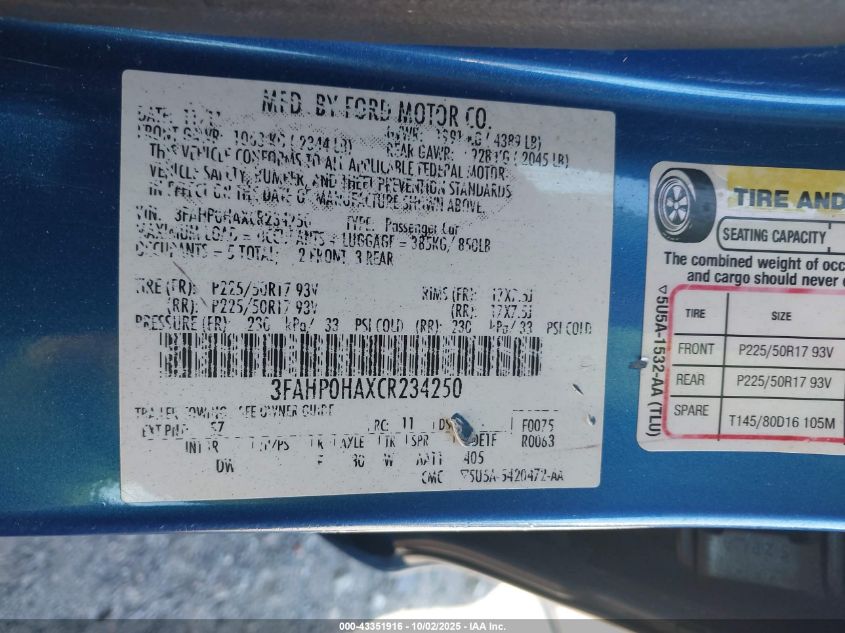 2012 Ford Fusion Se VIN: 3FAHP0HAXCR234250 Lot: 43351916