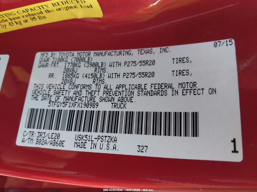 2015 Toyota Tundra Platinum 5.7L V8 VIN: 5TFGY5F1XFX190989 Lot: 43351934