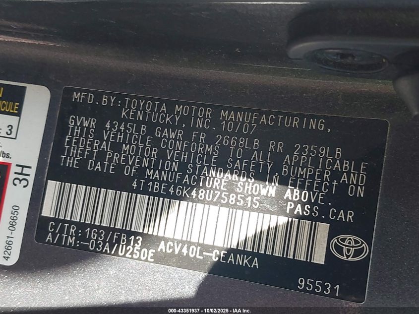 2008 Toyota Camry Le VIN: 4T1BE46K48U758515 Lot: 43351937