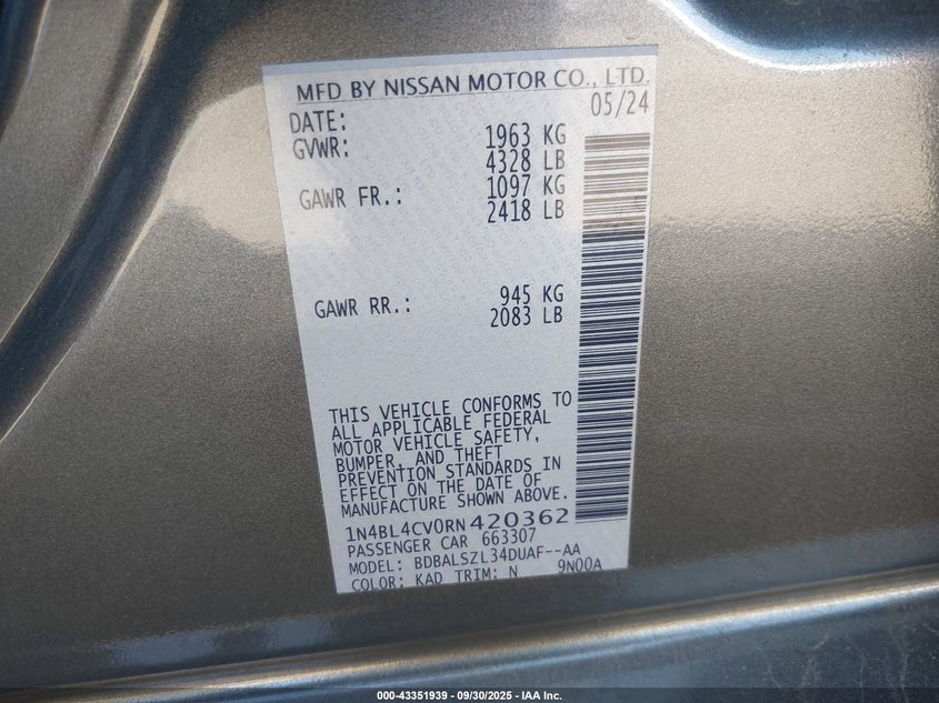 2024 Nissan Altima Sr Fwd VIN: 1N4BL4CV0RN420362 Lot: 43351939