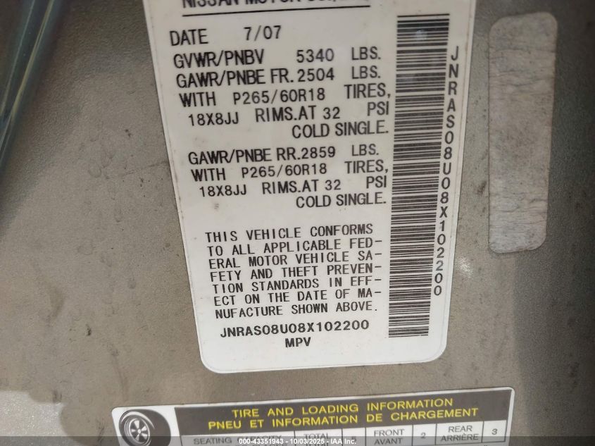 2008 Infiniti Fx35 VIN: JNRAS08U08X102200 Lot: 43351943