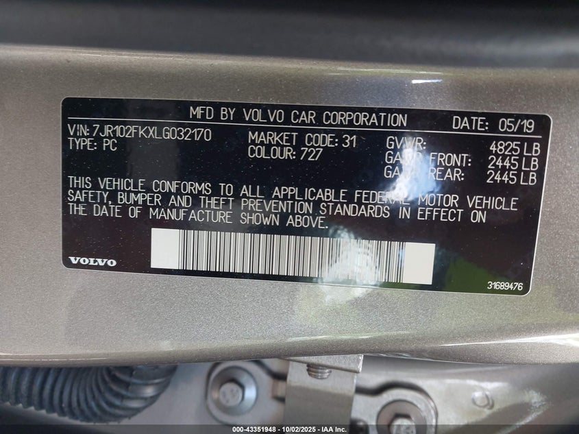 2020 VOLVO S60 T5 MOMENTUM 7JR102FKXLG032170