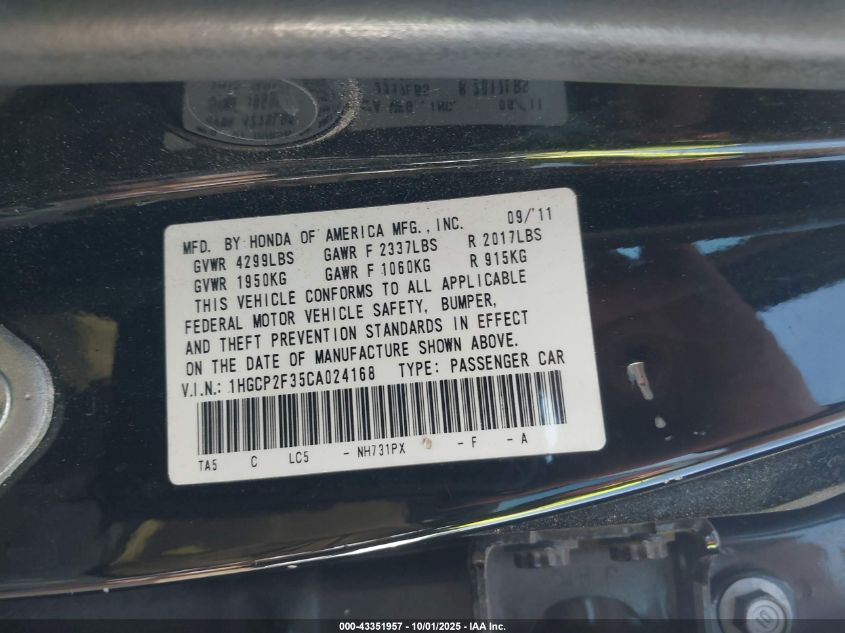 2012 Honda Accord 2.4 Lx VIN: 1HGCP2F35CA024168 Lot: 43351957