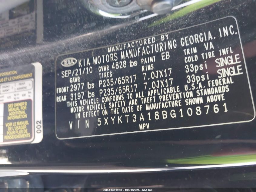 2011 Kia Sorento Lx VIN: 5XYKT3A18BG108761 Lot: 43351958