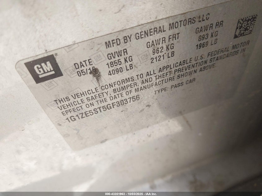 2016 Chevrolet Malibu 1Lt VIN: 1G1ZE5ST5GF303756 Lot: 43351963