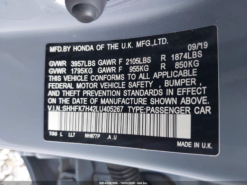 2020 Honda Civic Sport VIN: SHHFK7H42LU405267 Lot: 43351968