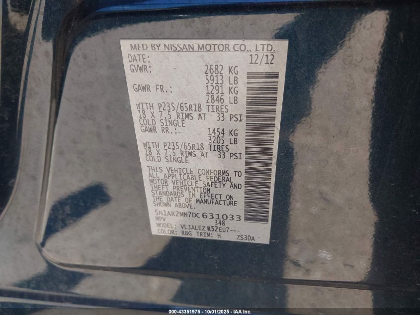 2013 Nissan Pathfinder Sv VIN: 5N1AR2MN7DC631033 Lot: 43351975