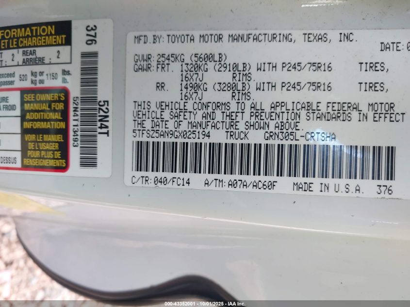 2016 Toyota Tacoma Sr5 V6 VIN: 5TFSZ5AN9GX025194 Lot: 43352001