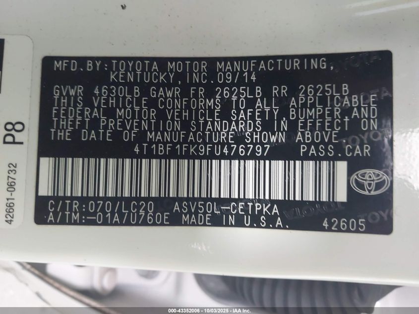 2015 Toyota Camry Xse VIN: 4T1BF1FK9FU476797 Lot: 43352006