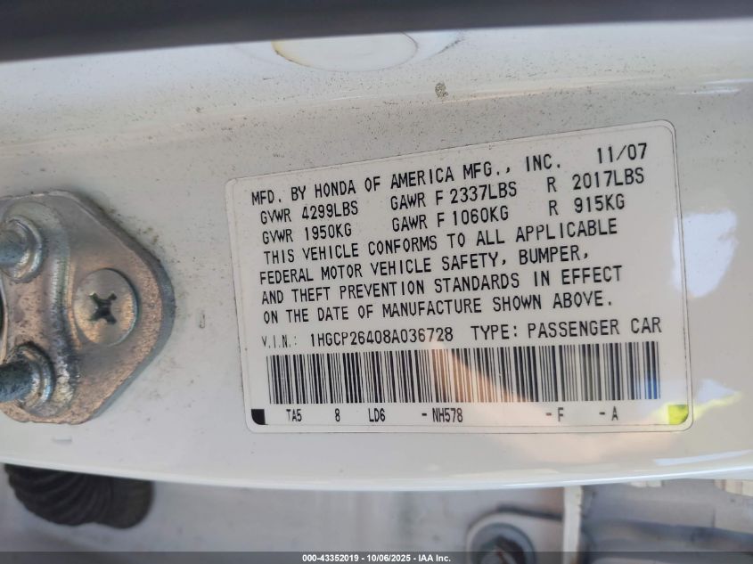 2008 Honda Accord 2.4 Lx-P VIN: 1HGCP26408A036728 Lot: 43352019