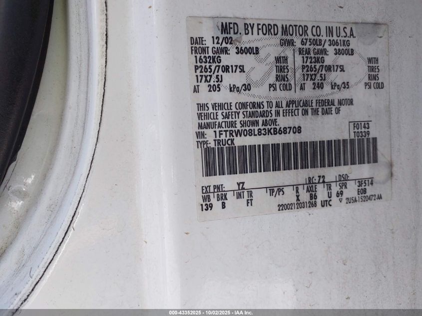 2003 Ford F-150 Lariat/Xlt VIN: 1FTRW08L83KB68708 Lot: 43352025