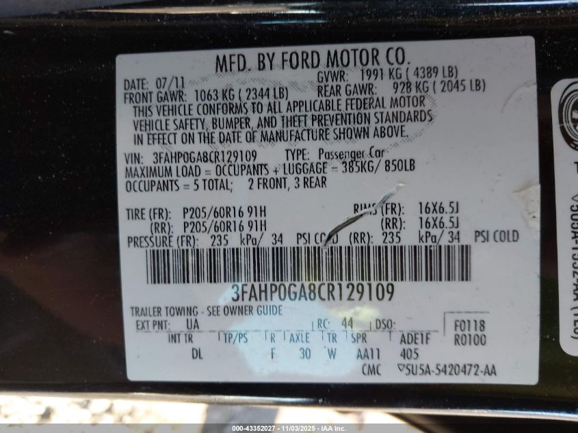 2012 Ford Fusion S VIN: 3FAHP0GA8CR129109 Lot: 43352027
