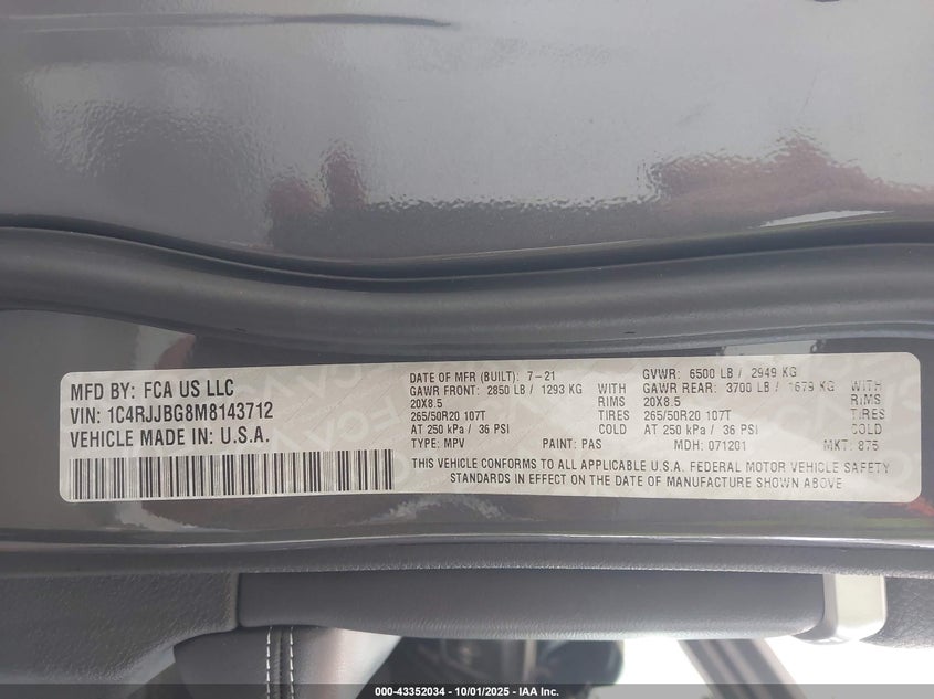 2021 JEEP GRAND CHEROKEE L LIMITED 4X2 - 1C4RJJBG8M8143712