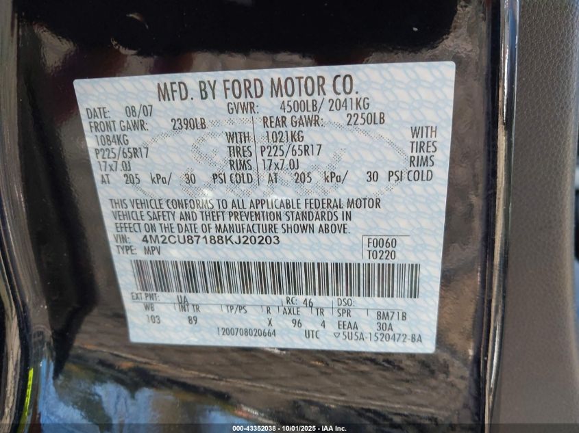 2008 Mercury Mariner Premier VIN: 4M2CU87188KJ20203 Lot: 43352038