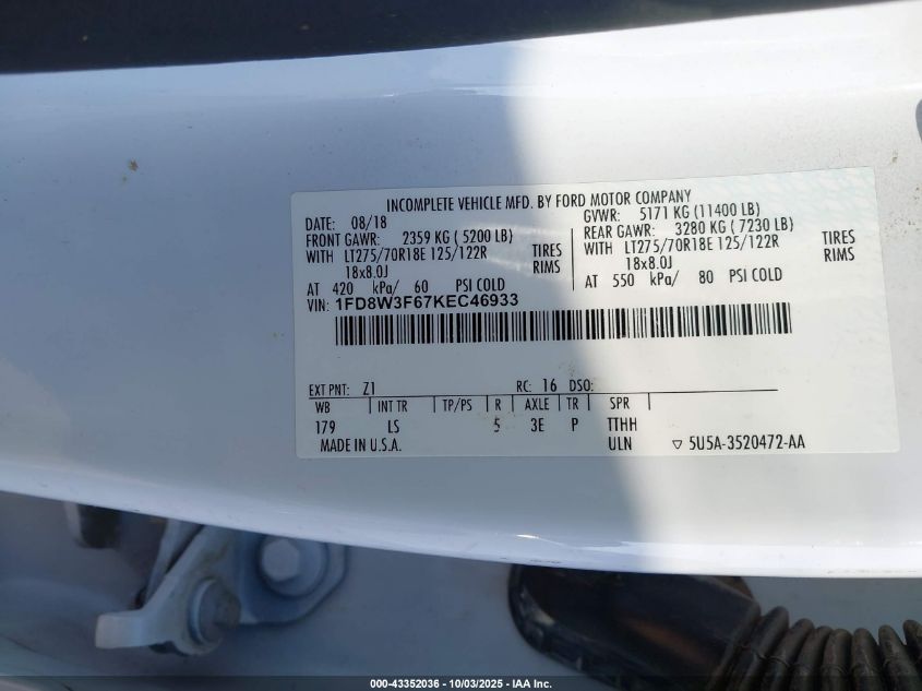 2019 Ford F-350 Chassis Xl VIN: 1FD8W3F67KEC46933 Lot: 43352036