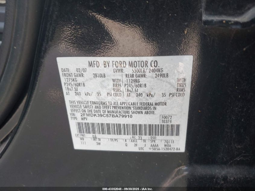 2007 Ford Edge Sel Plus VIN: 2FMDK39C57BA79910 Lot: 43352048