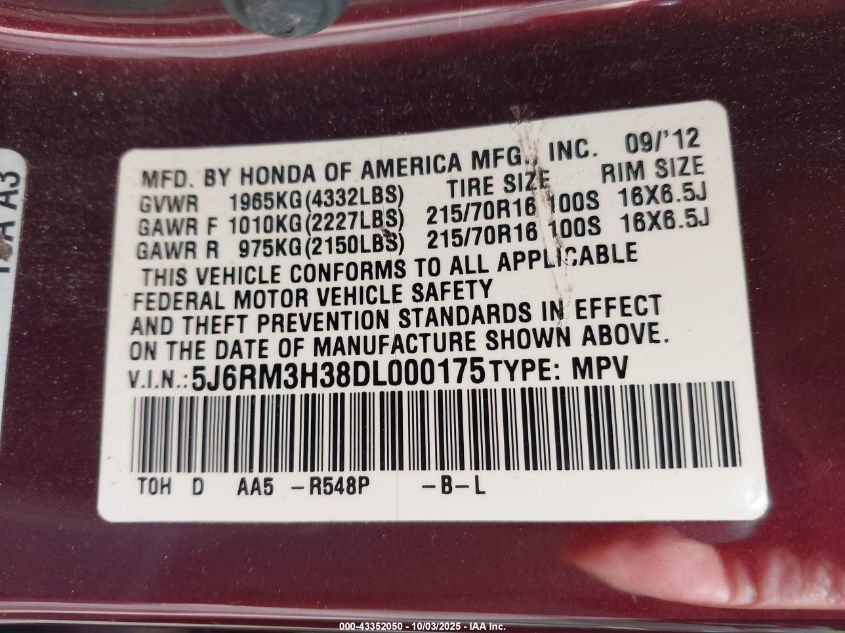2013 Honda Cr-V Lx VIN: 5J6RM3H38DL000175 Lot: 43352050