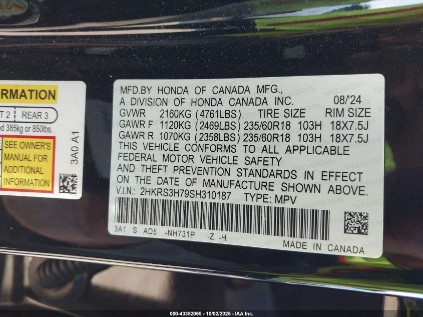 2025 Honda Cr-V Ex-L 2Wd VIN: 2HKRS3H79SH310187 Lot: 43352065