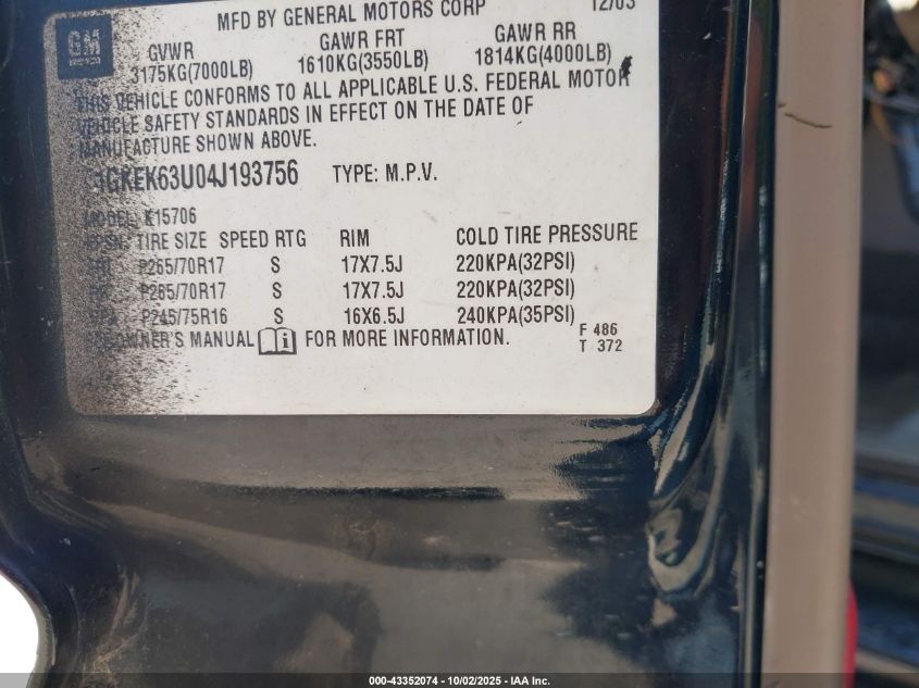2004 GMC Yukon Denali VIN: 1GKEK63U04J193756 Lot: 43352074