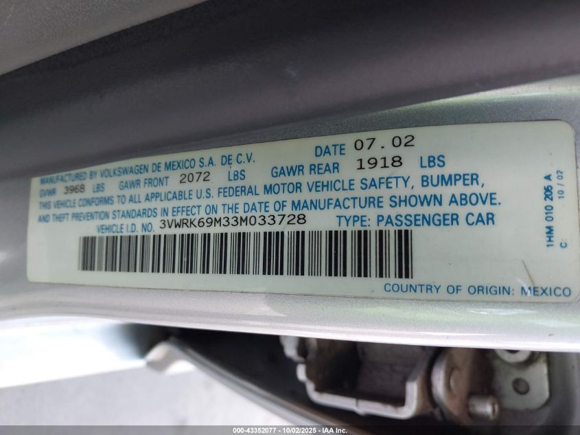 2003 Volkswagen Jetta Gl VIN: 3VWRK69M33M033728 Lot: 43352077