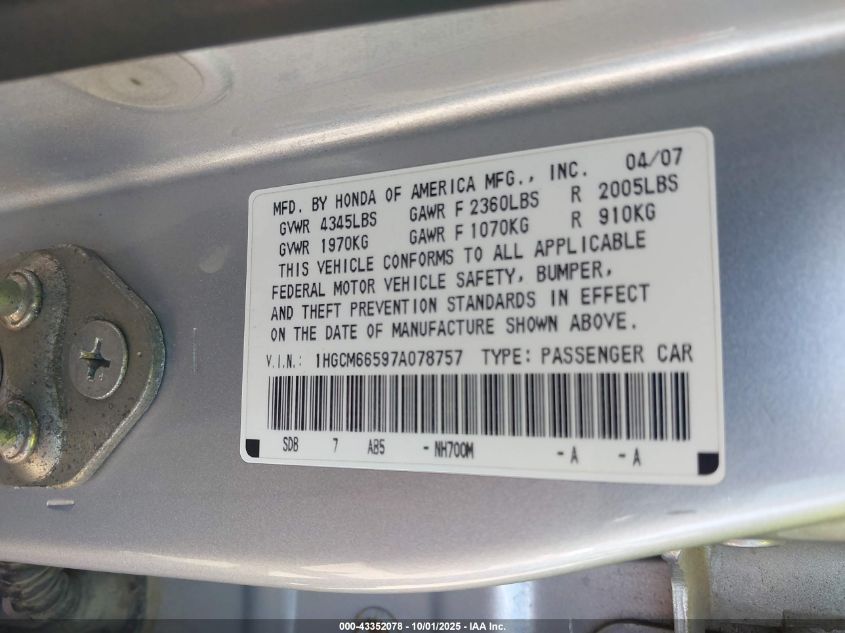 2007 Honda Accord 3.0 Ex VIN: 1HGCM66597A078757 Lot: 43352078