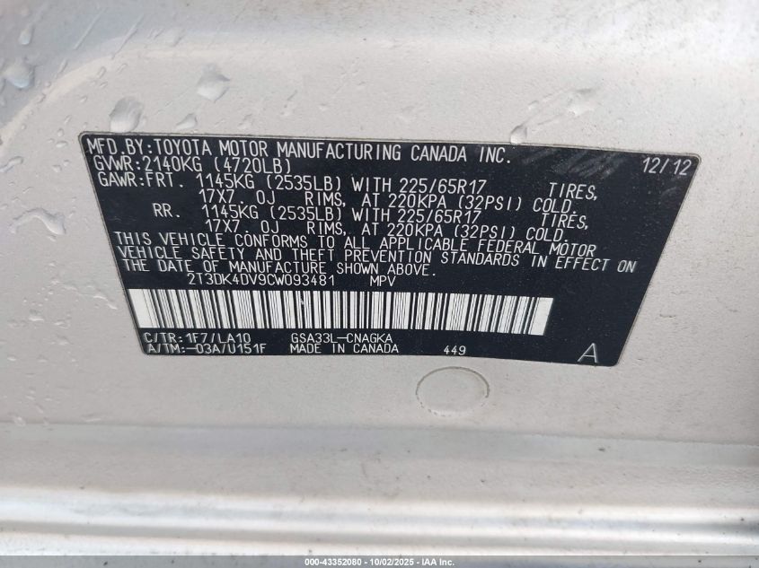 2012 Toyota Rav4 Limited V6 VIN: 2T3DK4DV9CW093481 Lot: 43352080