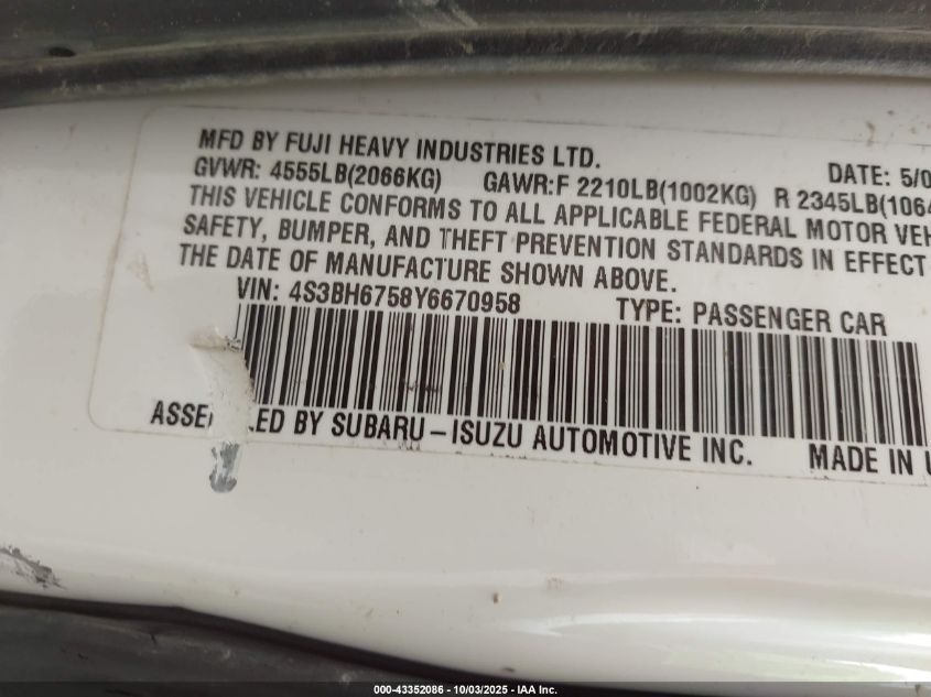 2000 Subaru Outback VIN: 4S3BH6758Y6670958 Lot: 43352086