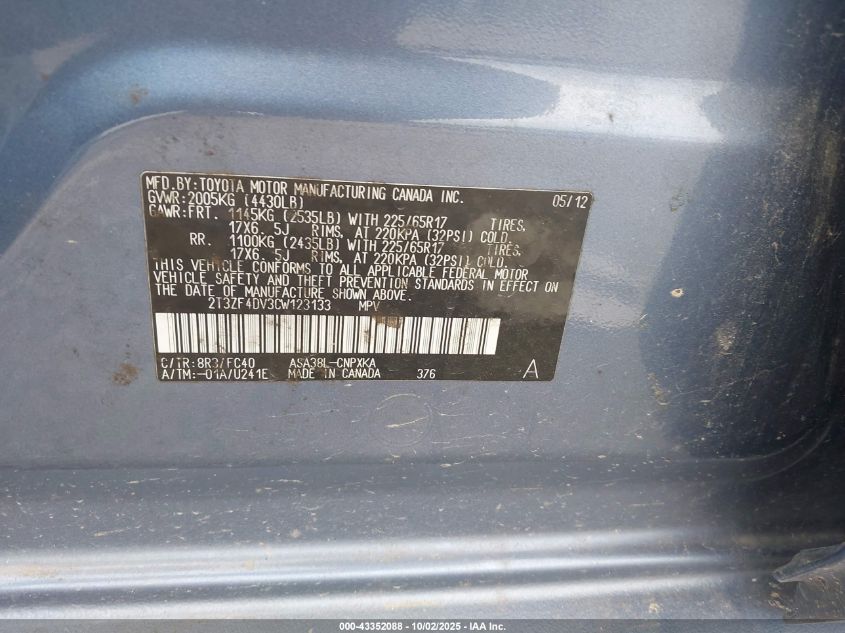 2012 Toyota Rav4 VIN: 2T3ZF4DV3CW123133 Lot: 43352088