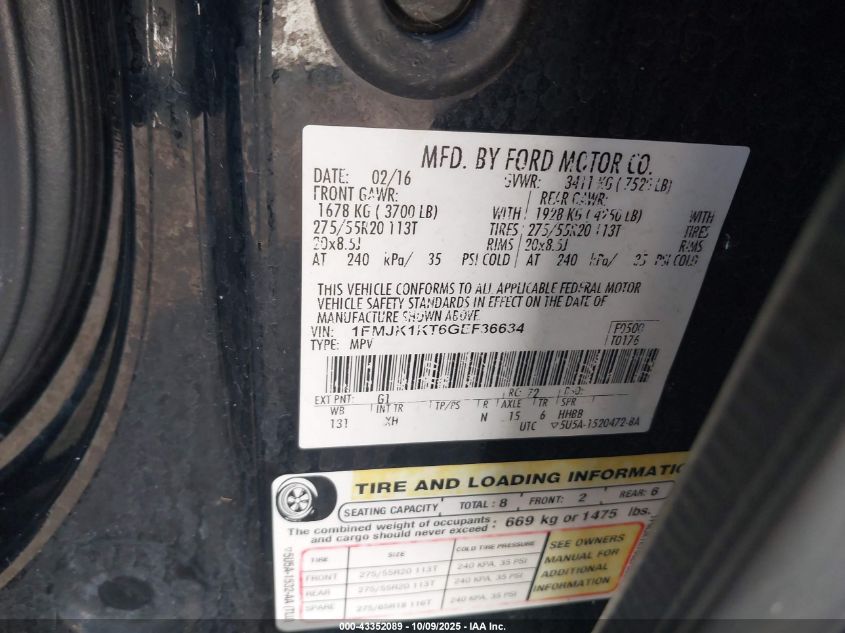 2016 Ford Expedition El Limited VIN: 1FMJK1KT6GEF36634 Lot: 43352089