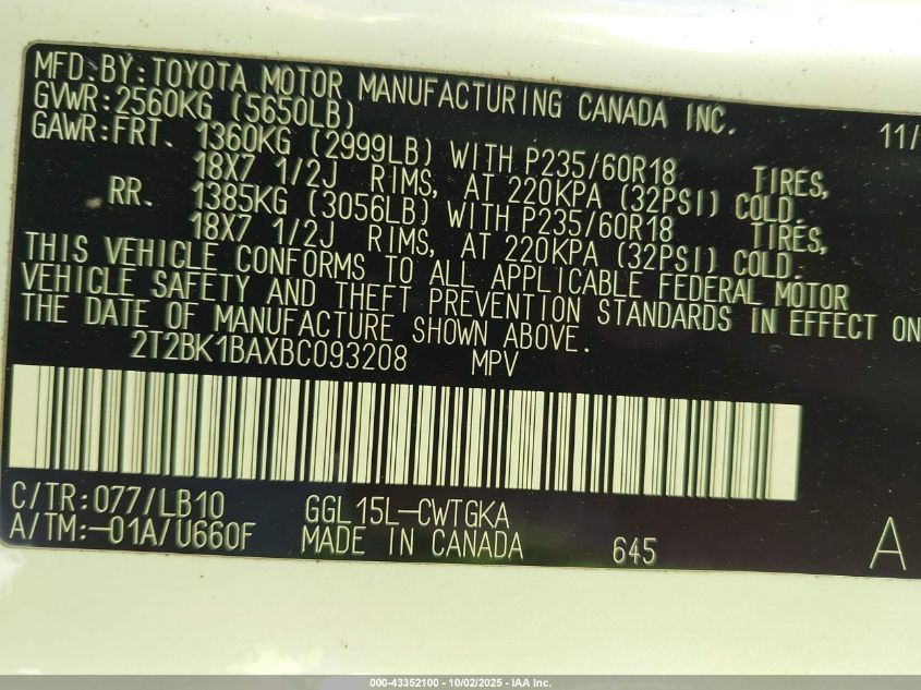 2011 Lexus Rx 350 VIN: 2T2BK1BAXBC093208 Lot: 43352100