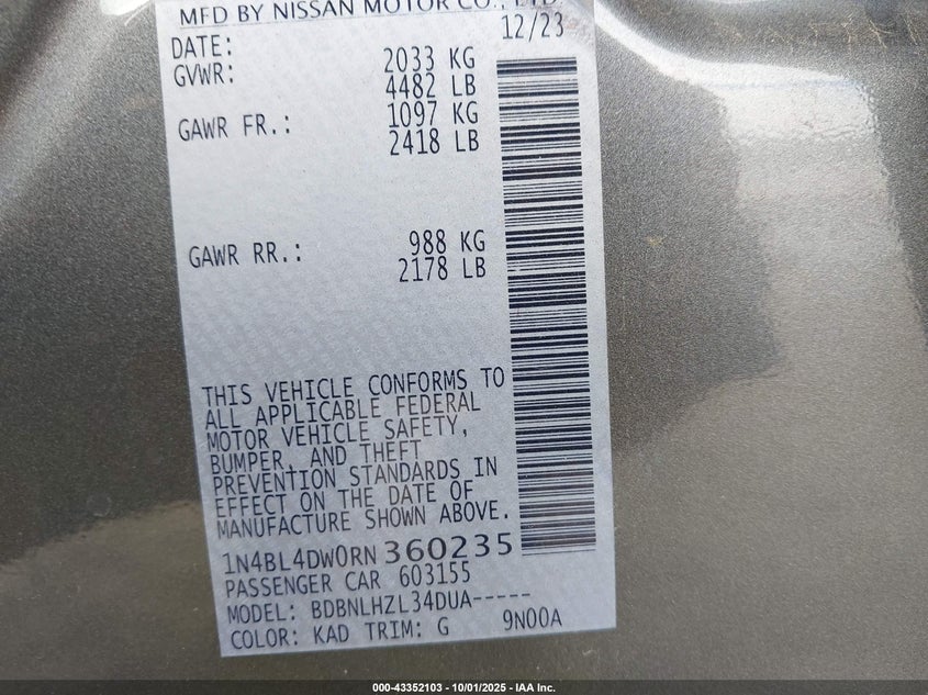 2024 Nissan Altima Sv Intelligent Awd VIN: 1N4BL4DW0RN360235 Lot: 43352103