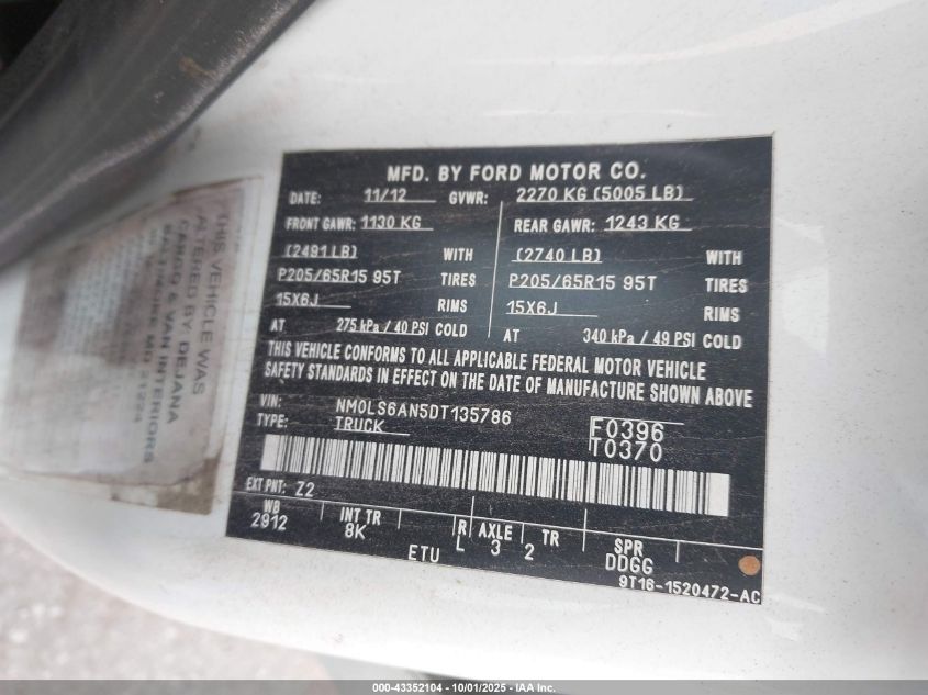 2013 Ford Transit Connect Xl VIN: NM0LS6AN5DT135786 Lot: 43352104