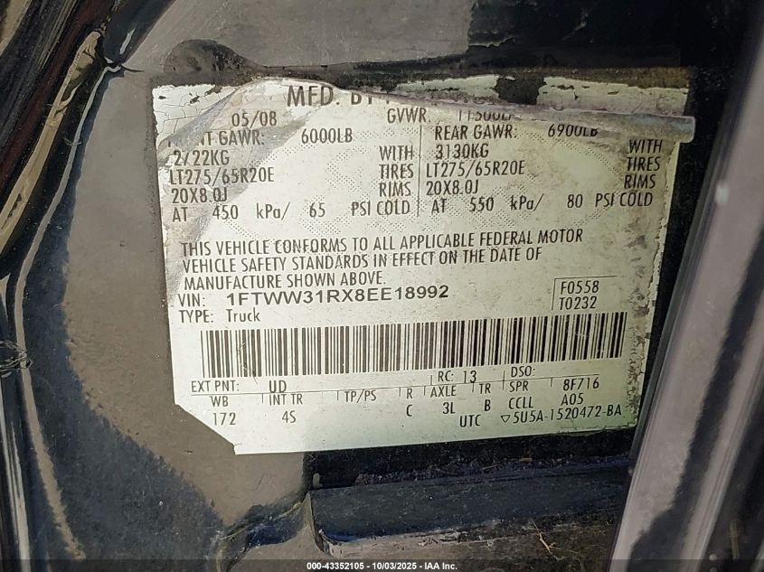 2008 Ford F-350 Fx4/Harley-Davidson/King Ranch/Lariat/Xl/Xlt VIN: 1FTWW31RX8EE18992 Lot: 43352105