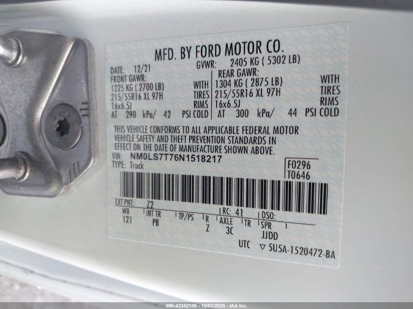 2022 Ford Transit Connect Xlt VIN: NM0LS7T76N1518217 Lot: 43352106