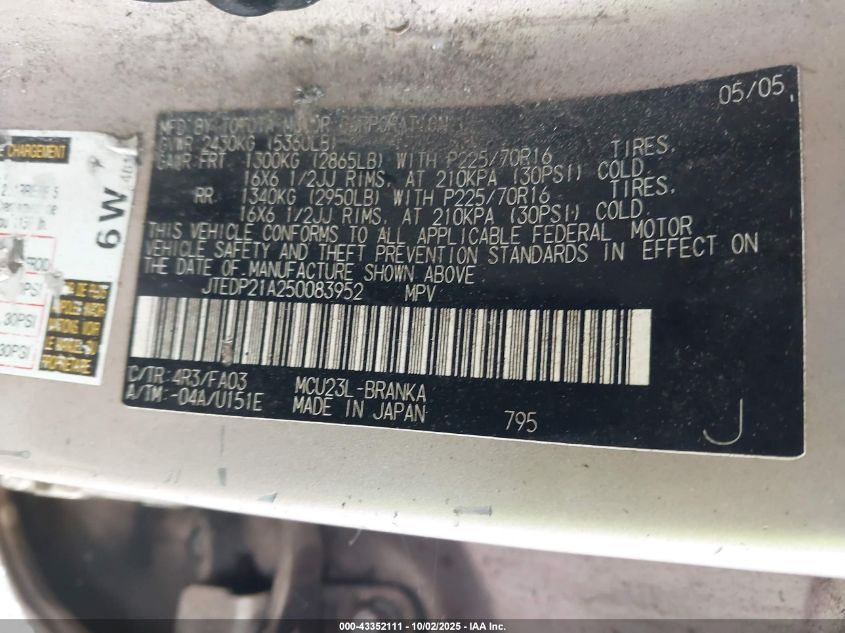 2005 Toyota Highlander V6 VIN: JTEDP21A250083952 Lot: 43352111