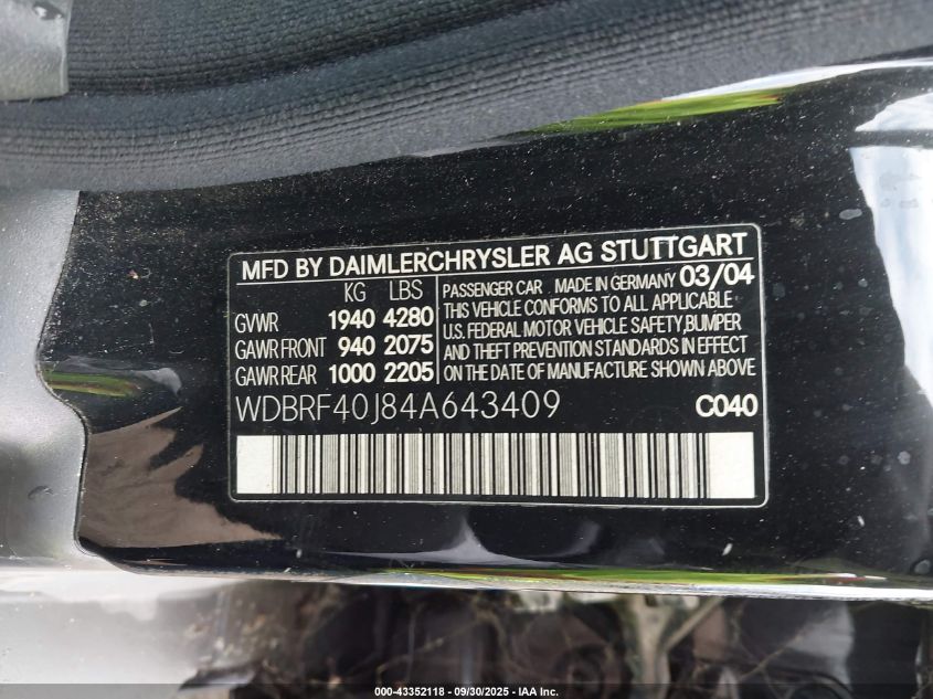 2004 Mercedes-Benz C 230 Kompressor Sport/Sport VIN: WDBRF40J84A643409 Lot: 43352118