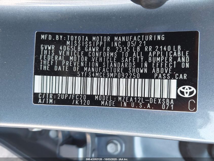 2021 Toyota Corolla Se VIN: 5YFS4MCE9MP092250 Lot: 43352128