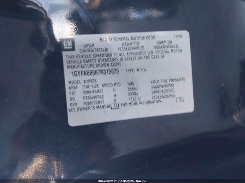 2007 Cadillac Escalade Esv Standard VIN: 1GYFK66867R315079 Lot: 43352131