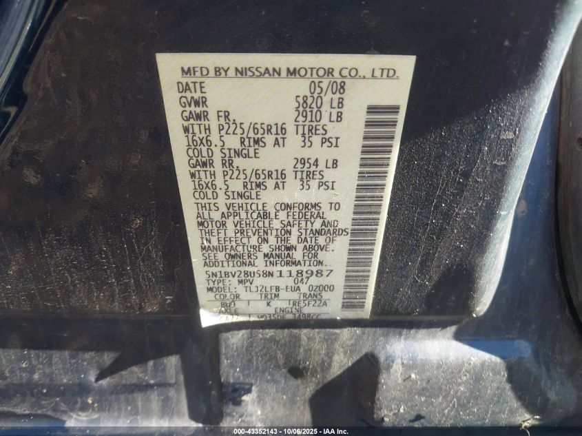 2008 Nissan Quest 3.5 VIN: 5N1BV28U58N118987 Lot: 43352143