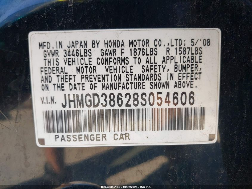 2008 Honda Fit Sport VIN: JHMGD38628S054606 Lot: 43352165