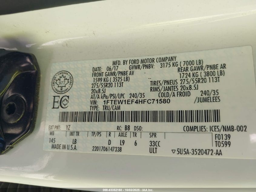 2017 Ford F-150 Lariat VIN: 1FTEW1EF4HFC71580 Lot: 43352168