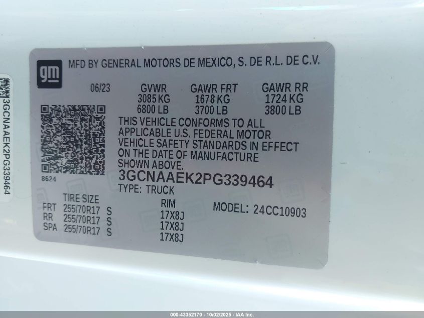 2023 Chevrolet Silverado 1500 2Wd Long Bed Wt VIN: 3GCNAAEK2PG339464 Lot: 43352170