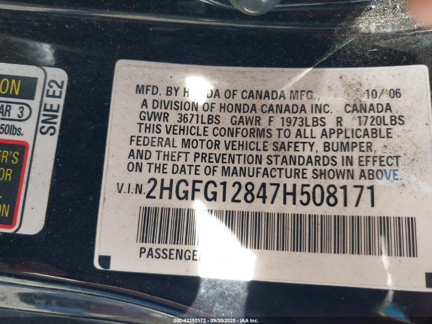 2007 Honda Civic Ex VIN: 2HGFG12847H508171 Lot: 43352172