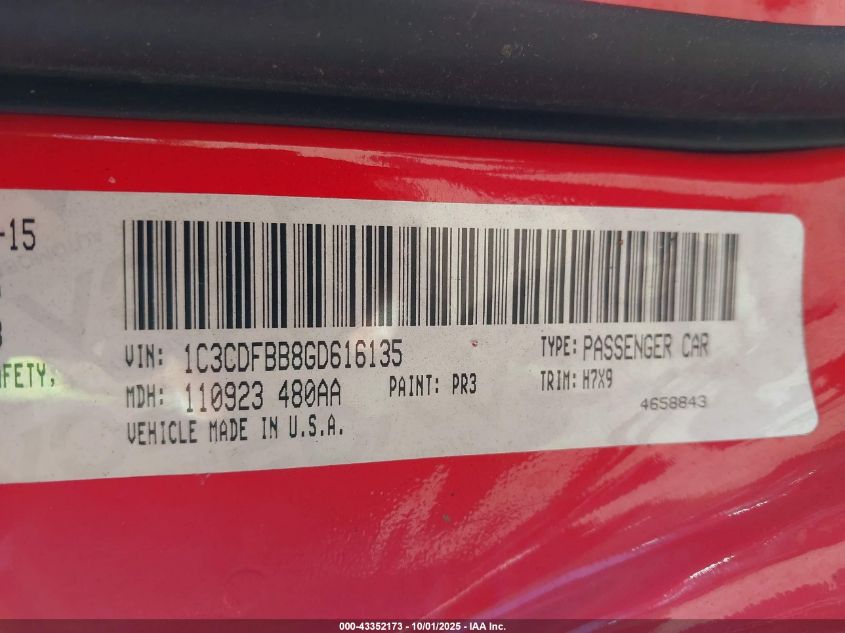 2016 Dodge Dart Sxt VIN: 1C3CDFBB8GD616135 Lot: 43352173