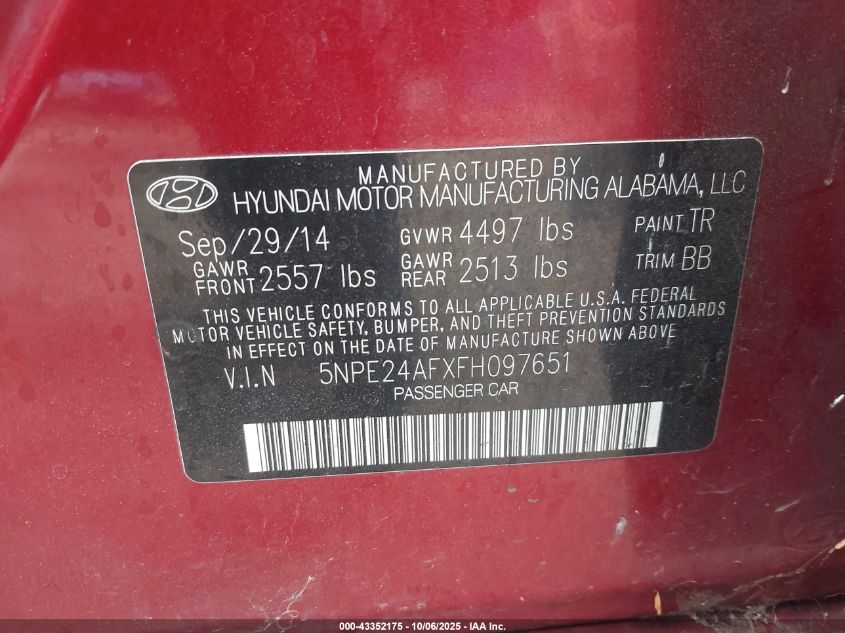 2015 Hyundai Sonata Se VIN: 5NPE24AFXFH097651 Lot: 43352175