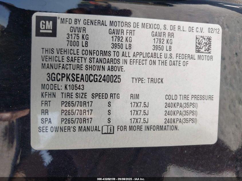 2012 Chevrolet Silverado 1500 Lt VIN: 3GCPKSEA0CG240025 Lot: 43352178